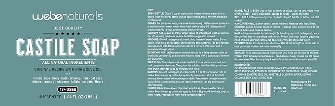 WEBE Pure Unscented Castile Liquid Soap Refill, 64 Ounce | Vegan & Gluten Free Non-GMO, For Face, Body Wash, Dishes, Pets & Laundry