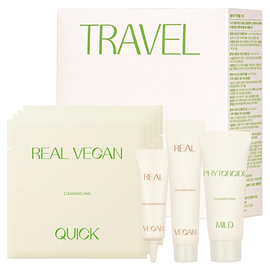 KLAVUU TRAVEL KIT – 4-Step Korean Skincare Set with Collagen Ampoule, Cream, Cleansing Pads & Foam | Travel Size Gift Set | Vegan | Mini K-Beauty Trial Kit