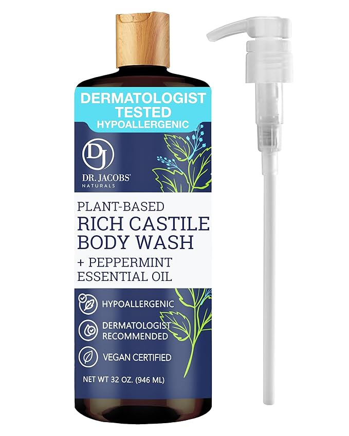 Dr. Jacobs Naturals Castile Peppermint All-Natural Body Wash for Moisturizing Dry and Sensitive Skin with Plant-Based Ingredients with Pump - 32 Ounce