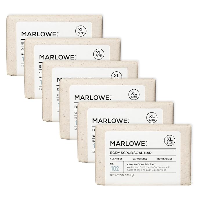 MARLOWE. No. 102 Body Scrub Soap 7 oz (6 Bars), Cedarwood & Sea Salt, Exfoliating Soap Bar with Shea Butter, Olive Oil & Green Tea Extracts, Cleanses, Smooths & Revitalizes Skin, Fresh & Zesty Scent