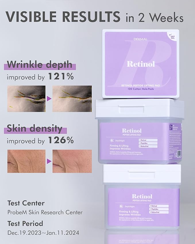 DERMAL Retinol Peptide Lifting Toner Pad 120 Count Bulk, Korean Anti Aging Stretchable Cotton Hole Pad with Bakuchiol and Copper Peptide, 65x70mm Large Square Pad with Tongs, Pore Firming Care