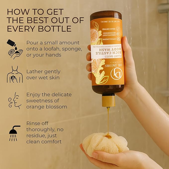 Dr. Jacobs Naturals Pure Castile Soap Liquid Body Wash, Orange & Ginger - Plant Based Soap Infused with Vitamin E & Aloe Vera to Moisturize Dry and Sensitive Skin - Made in The USA - 32 oz, Pack of 2