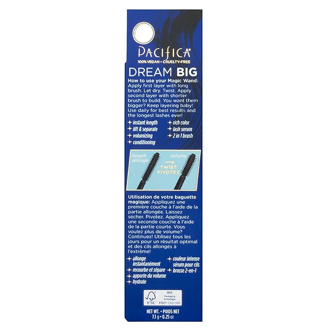 Pacifica Dream Big Mascara – Black Magic 7-in-1 Lash Extending Mascara, Twist-Adjust Brush for Length & Volume, Lash Serum Infused, Vegan Ophthalmologist tested