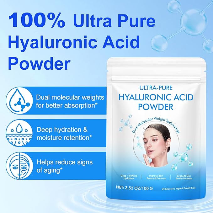 Hyaluronic Acid Powder for Skin, Hyaluronic Acid Serum Powder, 100 Grams | Low Molecular Weight, Cosmetics Grade, Natural Ingredient for Skincare, Skin Hydration and Moisture Support Supplements