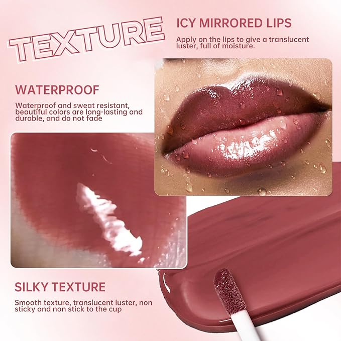 Nourishing Lip Gloss Moisturizing High Shine Fresh Lightweight Glossy Plumping Lip Combo for Women, Long Wear Lip Glow Oil with Brown Lip Liner Set Non-Sticky Liquid Lipstick Makeup#12