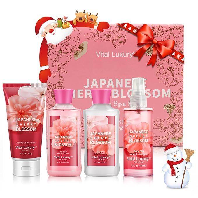 Bath & Body Kit, 3 Fl Oz Travel Size, Ideal Skincare Relaxing Home Spa Set, Includes Body Lotion, Shower Gel, Body Cream, and Fragrance Mist, Bath Gifts for Her and Him (Japanese Cherry