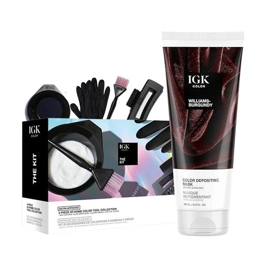 IGK Hair Gloss Toner & Depositing Mask + At-Home Color Tool Set | Williams Burgundy Intense Burgundy | Semi-Permanent Shine + Tone | Salon-Quality Application
