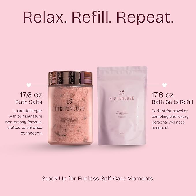 High On Love Bath Salts Refill - Pink Himalayan & Epsom Salt Blend with Soothing Vitamin E & Premium Hemp Seed Oil - Real Dried Rose, Lavender and Rosemary Inclusions (Rosemary Lavender)