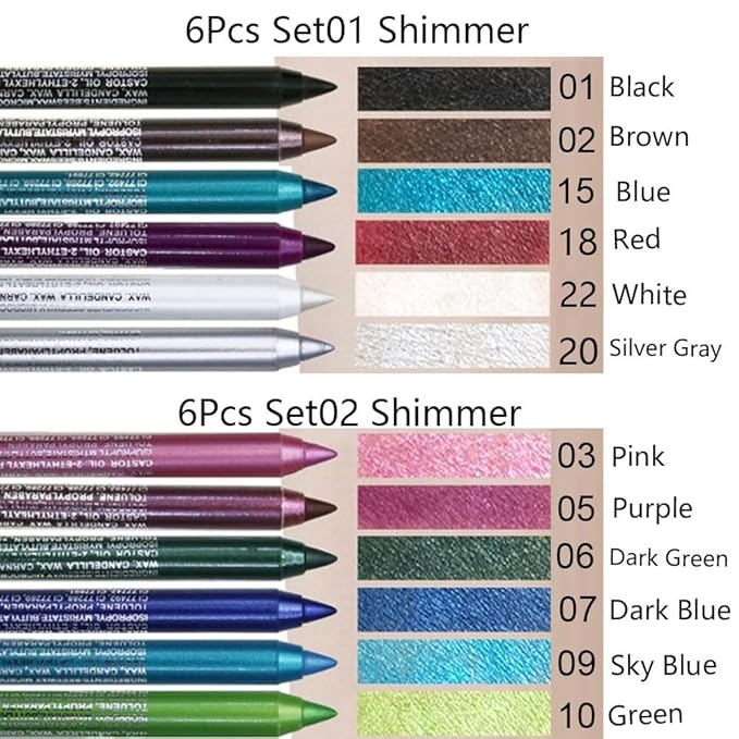 Kaely 6Pcs Glitter Gel Eyeliner Pencil Set for Women, Color Eye Liner Waterproof Smudge Proof with Sharpener, High Pigmented Eye Makeup Liners, lapiz de ojos delineador de ojos contra el agua, 01
