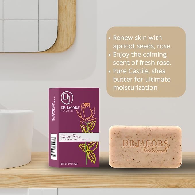 Dr Jacobs Naturals, Triple Milled Loofah Exfoliating Castile Bar Soap (Pack of 6) - Free of Parabens, Sulfates, Synthetics, Gltuen and GMO (Lucy Rose)