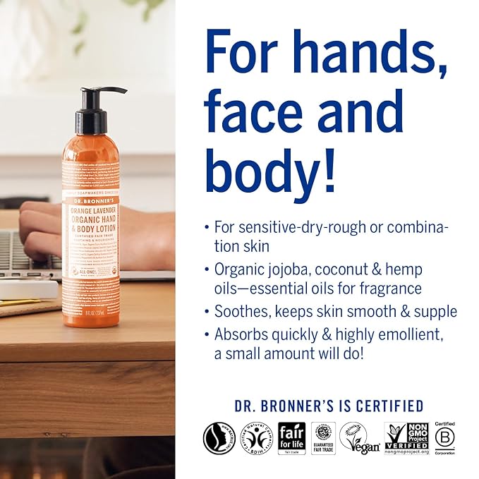 Dr Bronner's 3-in-1 Orange & Lavender Organic Hand and Body Lotion, Made with Organic Oils, Used for Hands, Face and Body, Certified Fair Trade & Vegan Friendly, 236ml Recycled Bottle
