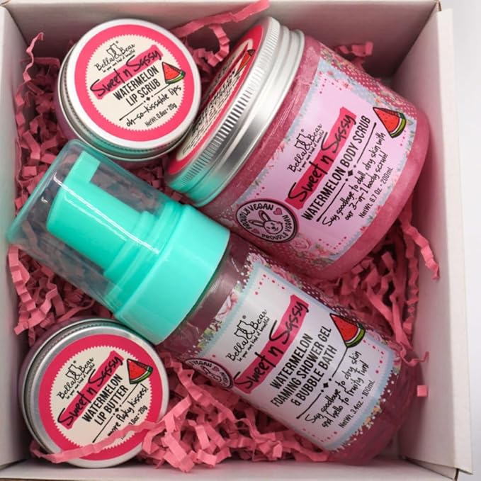 Bella & Bear Sweet 'n; Sassy MIdi Bath & Body Gift Set with Foaming Shower Gel & Bubble Bath, Body Scrub & Lip Scrub and Lip Butter. Great Gifts for Women Birthdays, Girlfriends, Bridesmaids