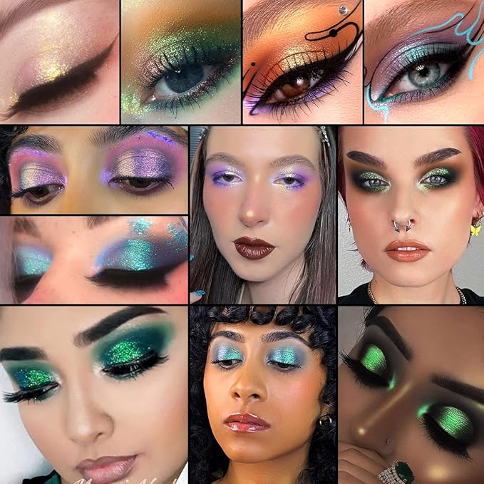 Green Eyeshadow Shimmery, Highly Pigmented Metallic Eye Glitter, Long Lasting Forest Green Sparkly Duo Chrome Eyeshadow Palette, Smooth Chameleon Glitter Eye Shadow for St Patrick’s Day, Talc Free#4D