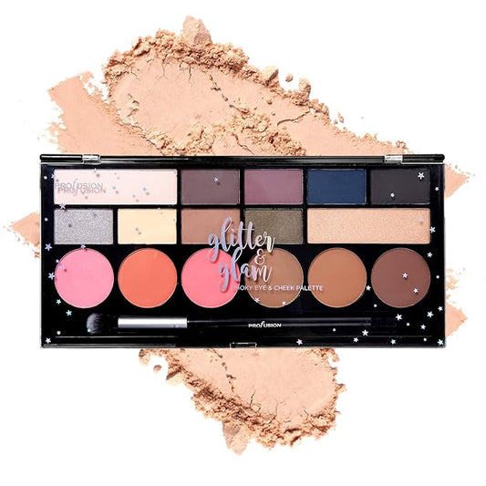 Profusion Cosmetics Glitter Glam Eye & Cheek Palette – 16 Pigmented Matte & Shimmer Shades for Eyeshadow, Blush, Bronzer & Highlighter – Includes Pro Brush, Vegan & Cruelty-Free