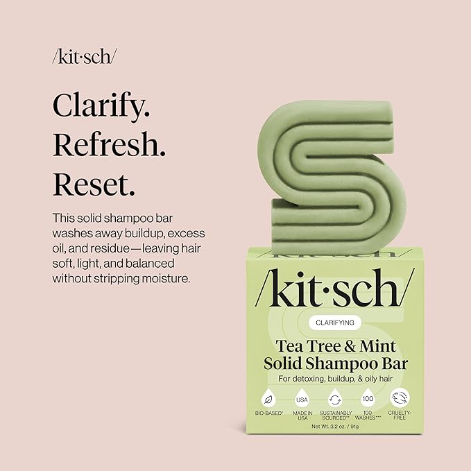 Kitsch Clarifying Tea Tree & Mint Shampoo Bar - Tea Tree Shampoo for Build-Up Removal - Hair Shampoo Bar for Scalp & Oil Control - Vegan Hair Care, Made in USA, 3.2 oz