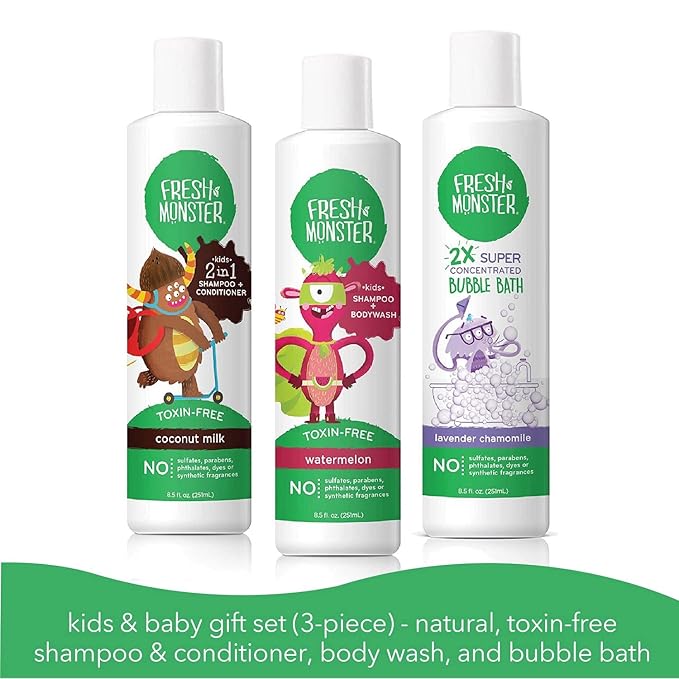 Fresh Monster Kids and Baby Bath Gift Set: Coloring Box, Natural Shampoo & Conditioner, Body Wash, and Bubble Bath (8.5 oz Each)