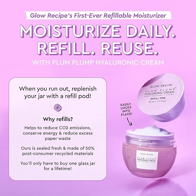 Glow Recipe Plum Plump Hyaluronic Acid Face Cream, Refill - Hydrating, Firming & Plumping Facial Moisturizer for Women & Men - Korean Skin Care with Polyglutamic Peptides for Dry Skin Wrinkles (50ml)