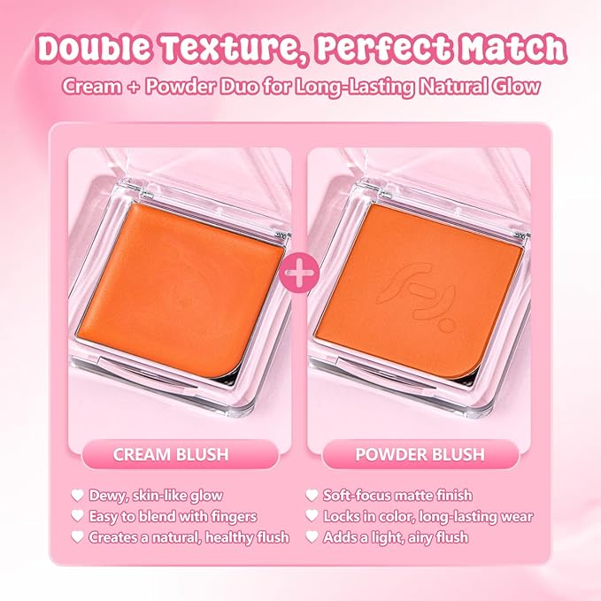 2-Pack Cream Powder Blush Duo – Orange For Fair to Medium Skin Tones, Same-Shade Sunny, Lasting, Buildable, Vibrant Natural-Looking Cheek Color Dewy Cream + Soft Matte Powder Finish (Orange)