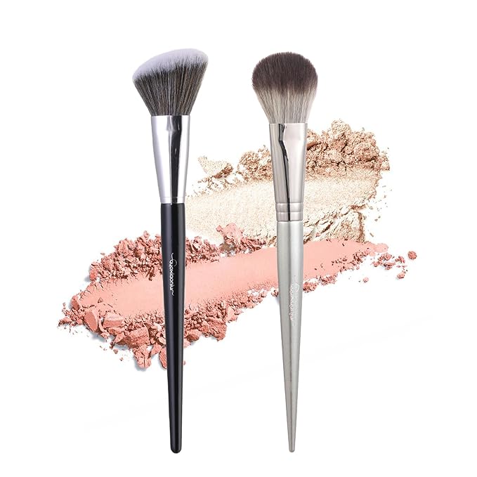 2PCS Makeup Brush Set: Angled Bronzer Brush + Blush Brush for Cheeks, Vegan Soft Bristles for All Cosmetics