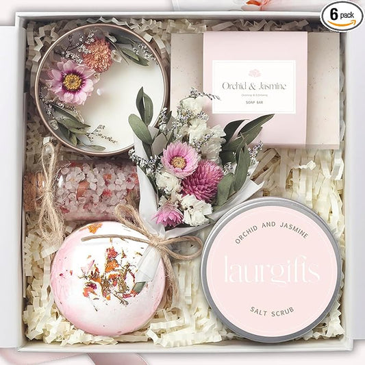 Birthday Gifts for Women – Luxury Candle Set & Bath Sets Spa Basket, Small Orchid & Jasmine Self Care Box, Gift Basket for Mom, Wife or Friend