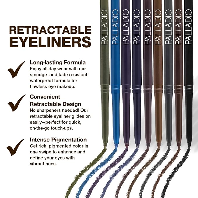 Palladio Retractable Waterproof Eyeliner, Richly Pigmented Color and Creamy, Slip Twist Up Pencil Eye Liner, Smudge Proof Long Lasting Application, All Day Wear, No Sharpener Required, Smokey