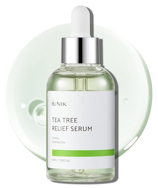 IUNIK Tea Tree Relief Vegan Serum for Acne-Prone Skin - Non-Sticky & Lightweight Facial Ampoule with Centella Asiatica for Soothing, Calming, and Balancing - Korean Skincare