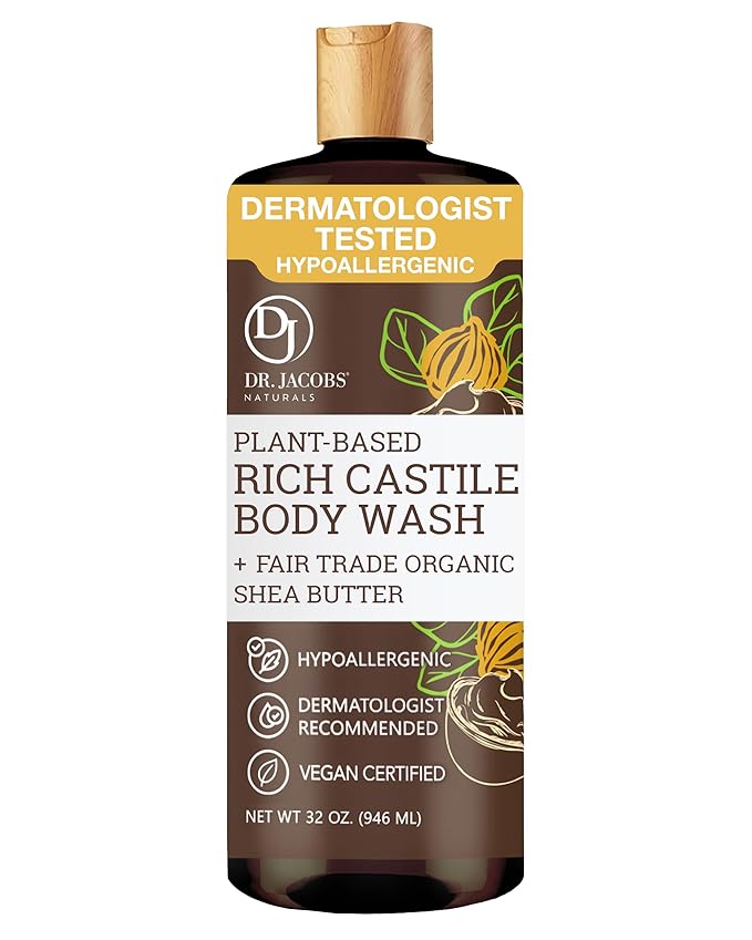 Dr. Jacobs Naturals Pure Castile Soap Liquid Body Wash, Shea Butter - Plant Based Soap Infused with Vitamin E and Aloe Vera to Moisturize Dry and Sensitive Skin - Made in The USA - 32 oz, Pack of 1