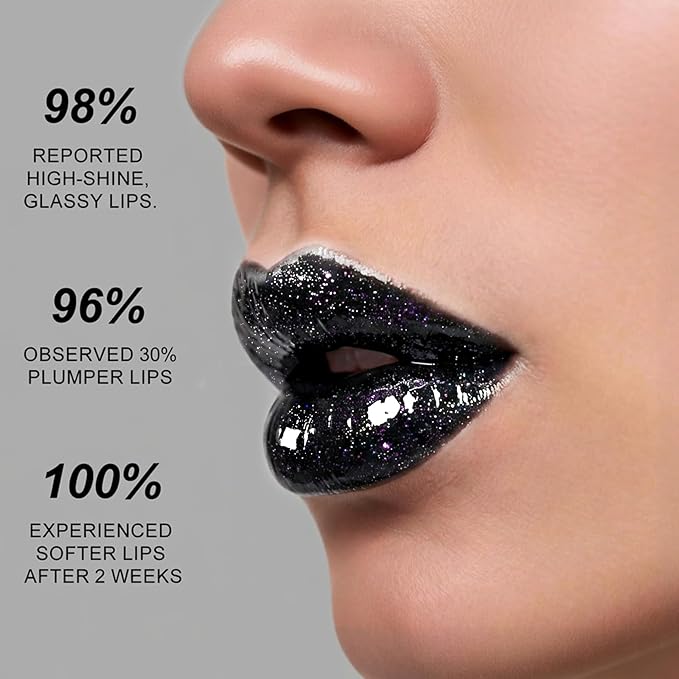 Hydrating Lip Gloss with High Shine,Nourishing Gloss for Reducing Lip Lines, Glitter Lip Makeup for Smooth Juicy Lips, Non Sticky, Blackberry Scent, Vegan & Cruelty-free, Midnight Black