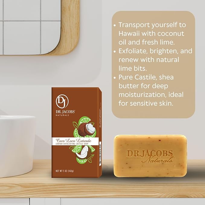 Dr Jacobs Naturals, Triple Milled Loofah Exfoliating Castile Bar Soap (Pack of 6) - Free of Parabens, Sulfates, Synthetics, Gltuen and GMO (Coco Loco Limeade)