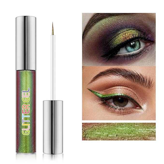 2PCS Glitter Liquid Eyeliner Set, Gold & Green Waterproof Smudge-Proof Shimmer Metallic Eyeliner, Quick-Dry Vegan Formula for Party Makeup, Gift for Women ST Patricks Day Accessories