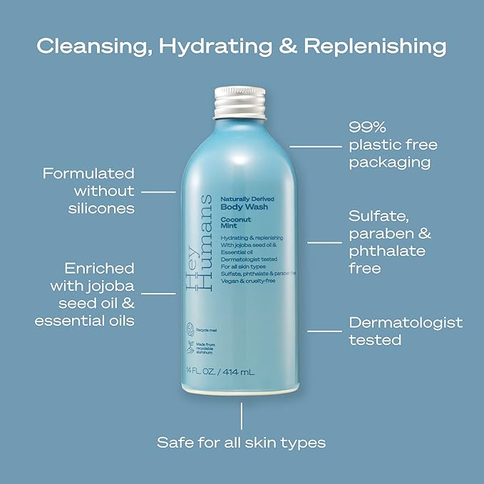 Hey Humans Coconut Mint Moisturizing Body Wash with Natural Ingredients & Jojoba Oil | Clean, Vegan, Sulfate Free Bath & Body Wash for Women & Men | Recyclable Bottle, 14 fl. oz. - Pack of 3