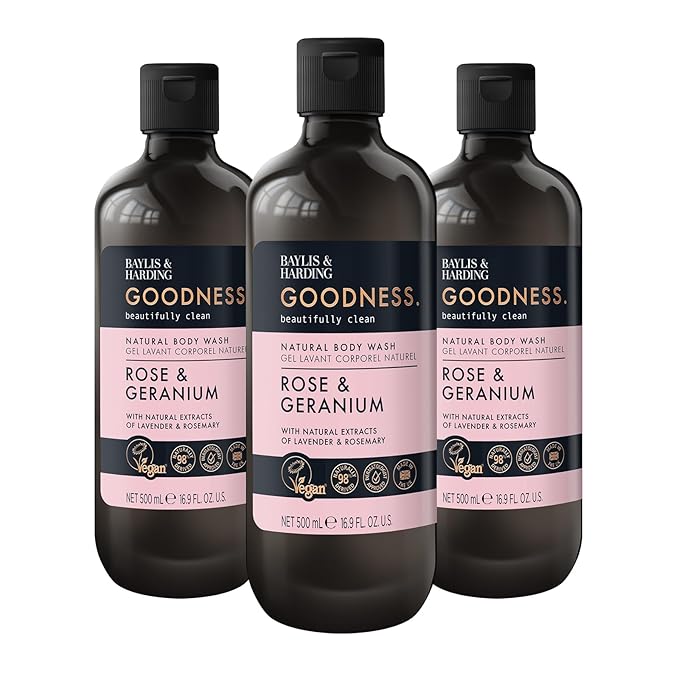 Baylis & Harding Goodness Rose & Geranium Natural Body Wash 16.9 fl. oz (Pack of 3) - Biodegradable Formula - Vegan Friendly