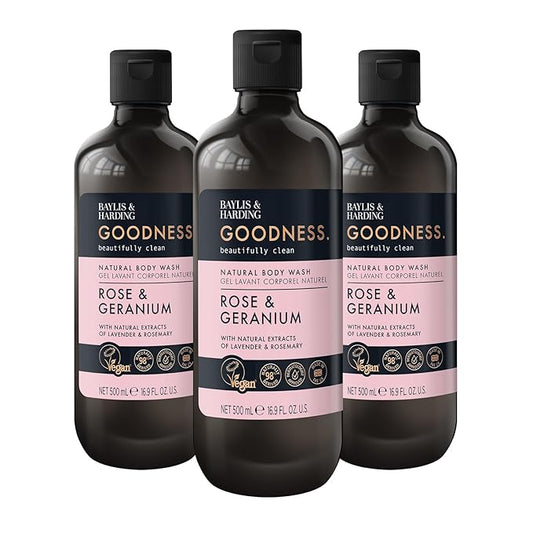 Baylis & Harding Goodness Rose & Geranium Natural Body Wash 16.9 fl. oz (Pack of 3) - Biodegradable Formula - Vegan Friendly