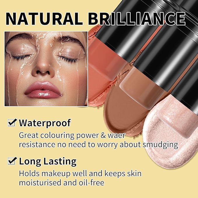 3Pcs Cream Contour Stick Makeup Kit, Shades with Highlighter, Blush and Bronzer Contour Stick for Cheeks, Lips, Eyes, Natural Face Contouring, Long Lasting, Waterproof, Matte Finish (Set B, S)