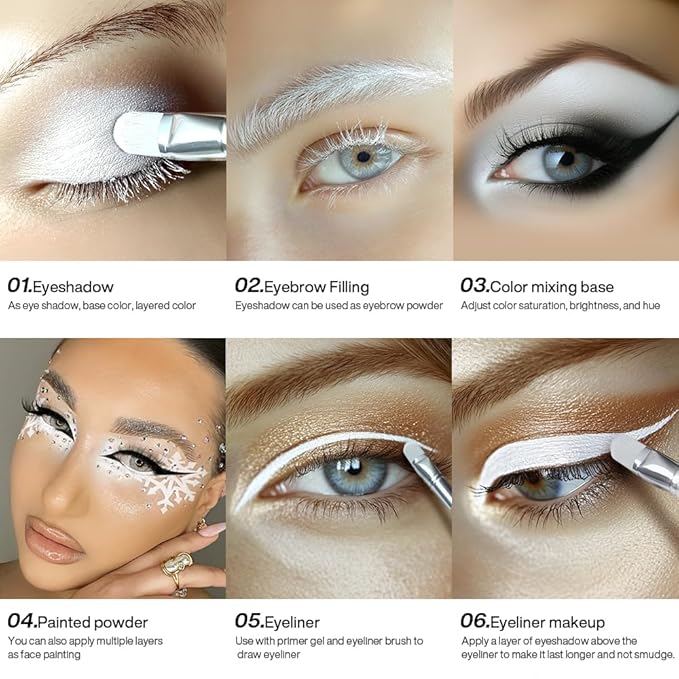 DE'LANCI Matte White Eyeshadow, High Pigment Vegan Pressed White Powder Waterproof, Velvety Blendable Formula for Eye Base, Travel Friendly with Brush Longwear Makeup for Stage Halloween & Cosplay, 02