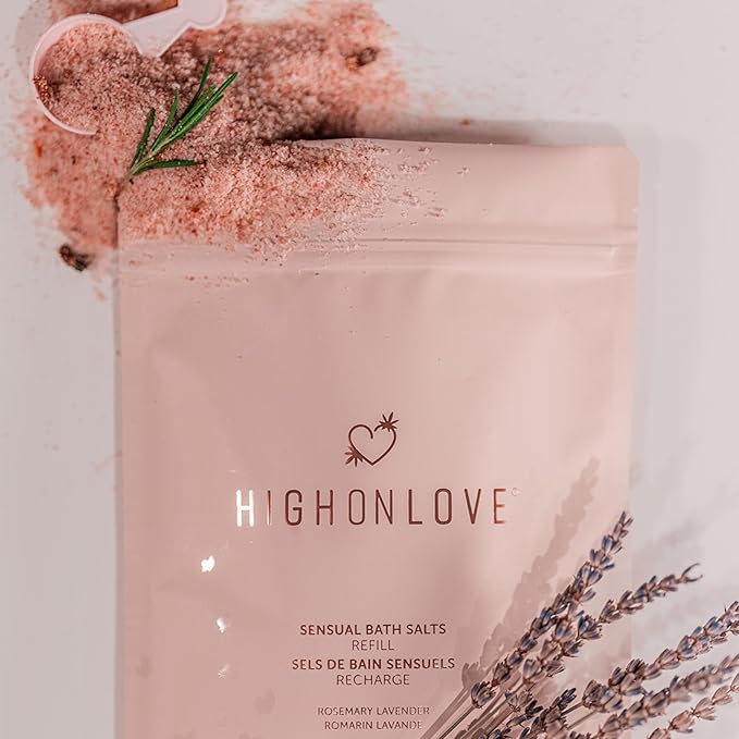 High On Love Bath Salts Refill - Pink Himalayan & Epsom Salt Blend with Soothing Vitamin E & Premium Hemp Seed Oil - Real Dried Rose, Lavender and Rosemary Inclusions (Rosemary Lavender)