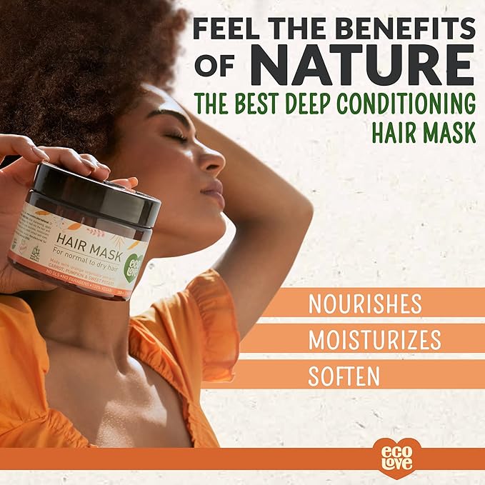 ecoLove Hair Mask for Dry, Damaged, and Curly Hair - Deep Conditioning Treatment with Carrot and Pumpkin Extract, SLS & Paraben-Free, Vegan and Cruelty-Free - 11.8 oz