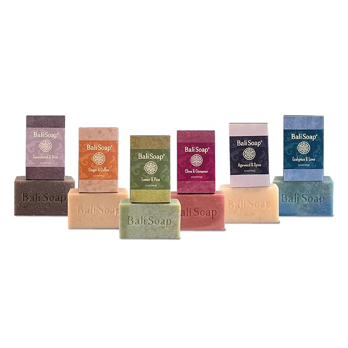 Bali Soap Natural Soap Bar Masculine Collection Handmade in Bali Cold Process, Men’s Gift Set with Natural Oils, Vegan, Wood and Spice Scents, 6-Pack