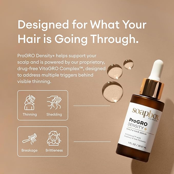 Soapbox ProGRO Density+ Hair Thickening Serum | Lightweight Scalp Serum for Thinning Hair | Supports Fuller-Looking, Stronger Hair, Clean Vegan Formula | 1 Month Supply, 1 oz