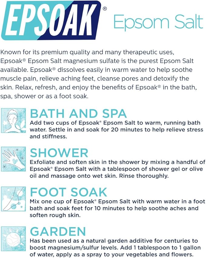 Epsoak Epsom Salt 19 lb. Magnesium Sulfate USP. Resealable Epsom Salt Bag Unscented, Made in The USA, Cruelty-Free Certified