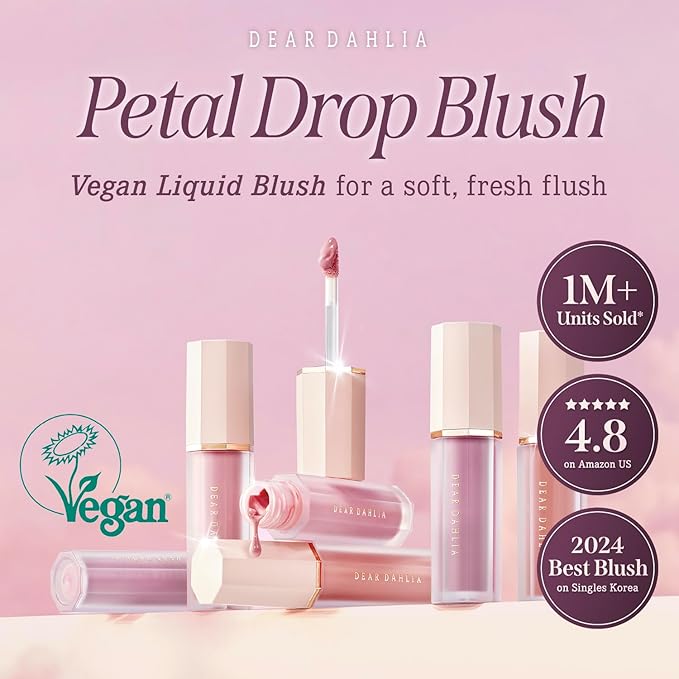 DEARDAHLIA Petal Drop Blush (Wavy) - Vegan Liquid Blush with Soft, Watercolor-like Finish. Sheer to Buildable Color for a Dewy, Natural Flush. Long-Wear Comfort. Korean Makeup for Cheeks. 0.14 oz