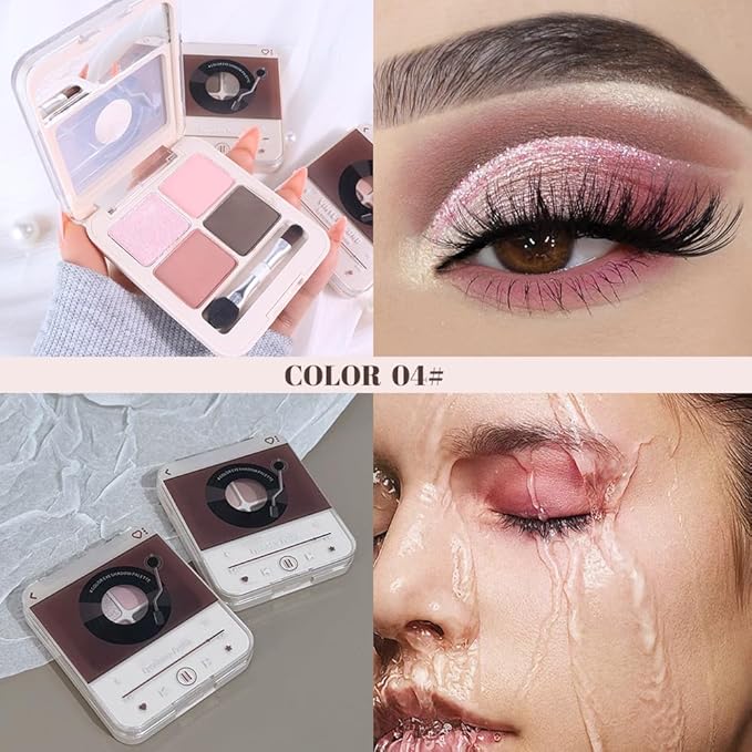 Pink Brown 4Colors Eyeshadow Makeup Palette with Brush Mirror,Natural Neutral Powde Eye Shadow Palettes for Older Women,Long Lasting Naturing-Looking,Lightweight Eye Makeup Kit Travel Size