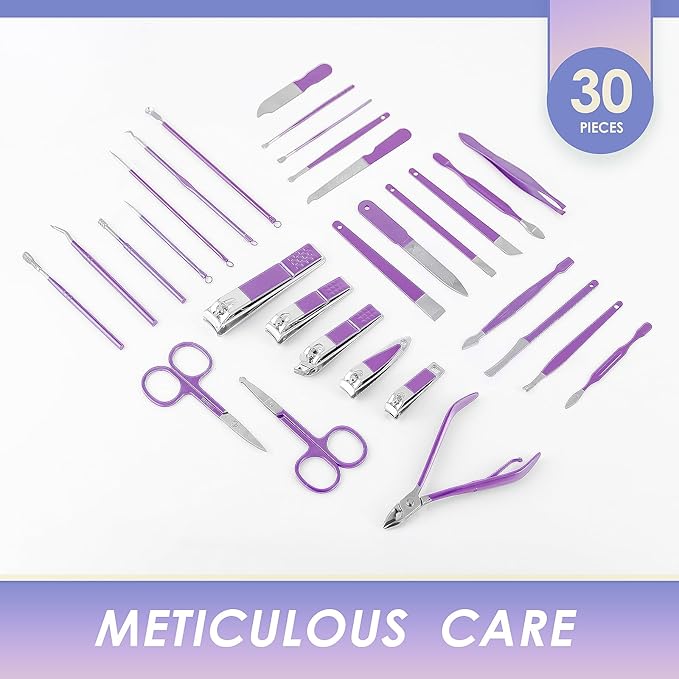 Manicure Set Professional Manicure Kit - 30 in 1 Pedicure Kit Nail Clippers Set Stainless Steel Nail Kit for Women - Purple