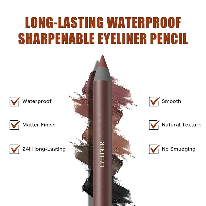 24HR Waterproof Eyeliner Pencil with Built-In Sharpener – Long Lasting, Smudge-Proof, Creamy Glide, Bold Pigment, Vegan & Sensitive Eye Safe (Chocolate)