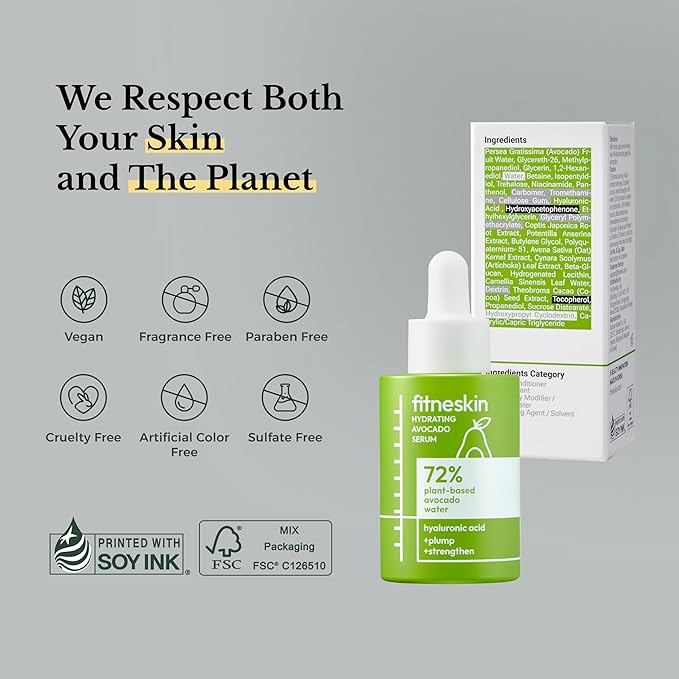 Hydrating Avocado Serum, 1 Fl Oz (30ml) Avocado Fruit Water + Vitamin B3 (Niacinamide) & Hyaluronic Acid –Glow + Barrier Support, Fragrance-Free,Vegan, Dermatologist-Tested Korean Skincare.