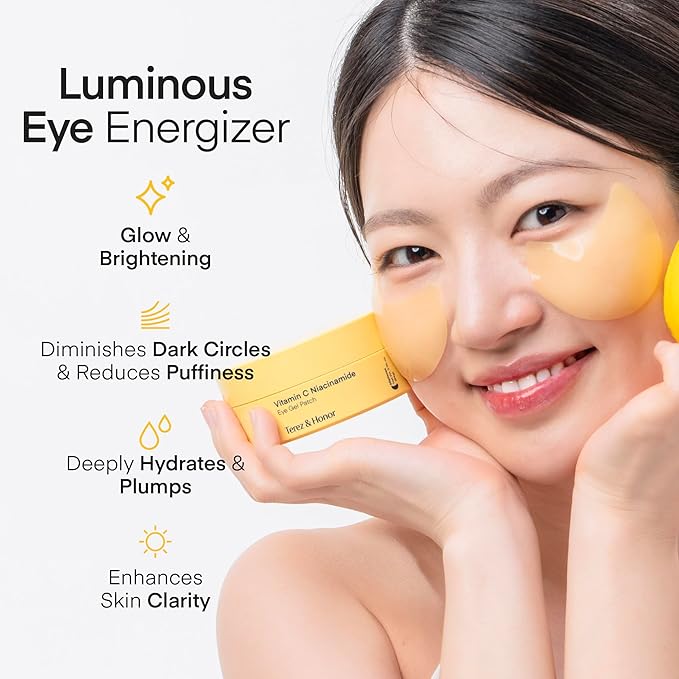TEREZ & HONOR Vitamin C Eye Patches - 60 Pcs Korean Brightening & Hydrating Under Eye Masks with Tranexamic Acid, Hyaluronic Acid - Dark Circles, Puffiness & Wrinkle Hydrogel Pads, Vegan, No Fragrance