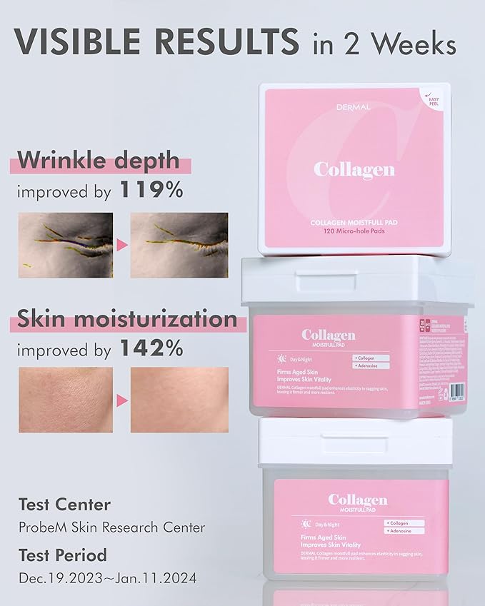 DERMAL Collagen Moistfull Lifting Toner Pad 120 Count Bulk, Korean Anti Aging Firming Pad with 10 Collagen Types and 3 Peptides, 300 Dalton Low Molecular, Large Vegan Tencel Square Pad with Tongs
