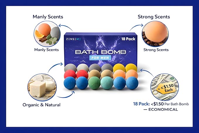 Bath Bombs for Men - Gift Set of 18 Scented Handmade Natural Bath Bombs of 2.5 oz w/Essential Oils, Unique Manly Scents, for Boyfriend, Husband, Father - 18 Pack