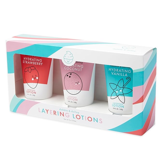 Dabble & Dollop Layering Lotion Set, Hydrating Strawberry, Coconut and Vanilla Scented Lotions for Kids, All-Natural, pDermatologist Tested, Vegan & Cruelty-Free (Set of 3)