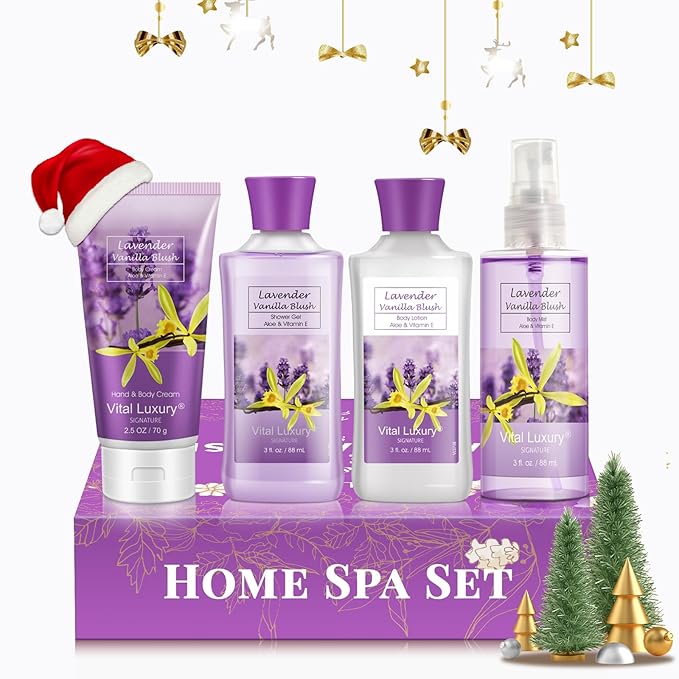 Bath and Body Gift Set, Lavender Vanilla Blush 4-Piece Skincare Collection - Lotion, Shower Gel, Hand and Body Cream, Body Mist, 3 Fl Oz Each, Holiday Gift for Her/Mom/Girlfriend/Sister